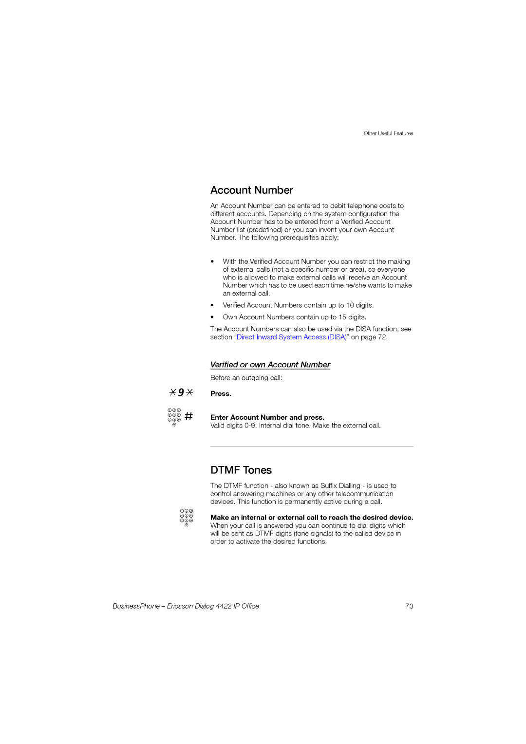 Ericsson 4422 manual Dtmf Tones, Verified or own Account Number, Press Enter Account Number and press 