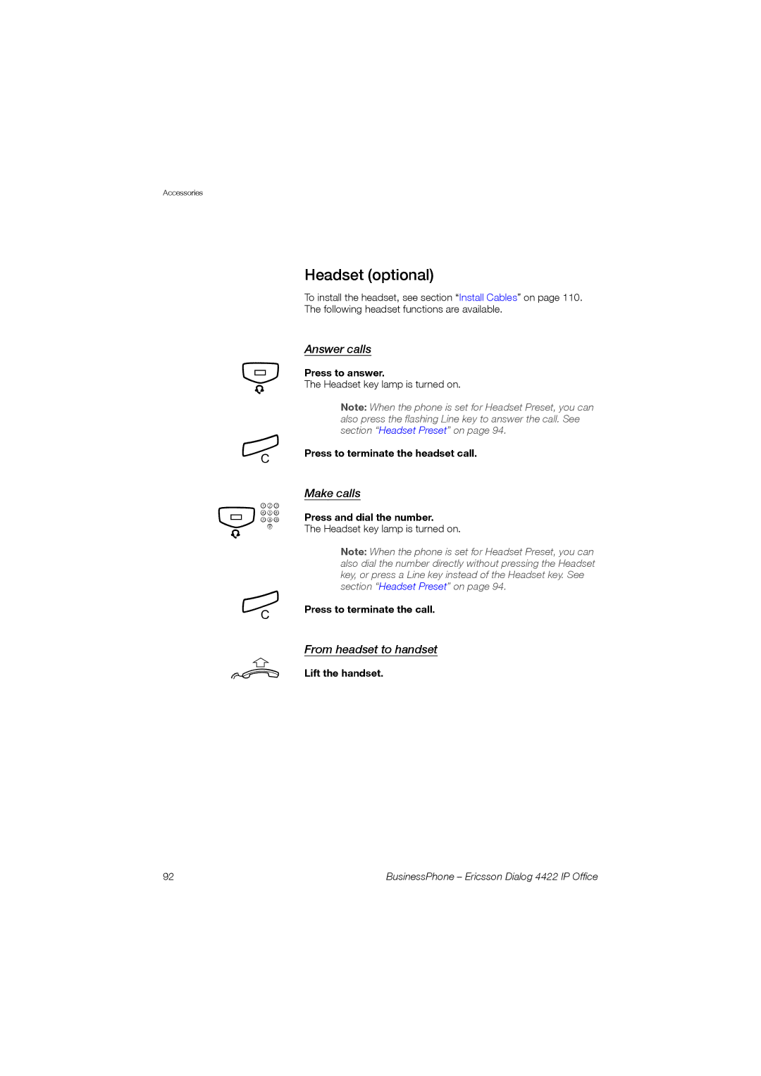 Ericsson 4422 manual Headset optional, Make calls, From headset to handset 