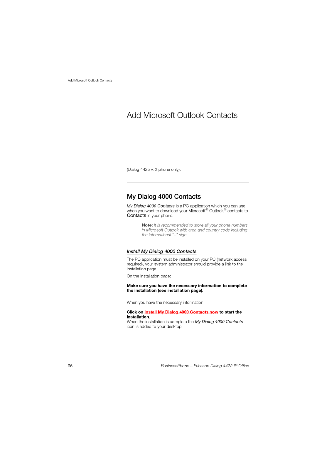 Ericsson 4422 manual Add Microsoft Outlook Contacts, Install My Dialog 4000 Contacts 