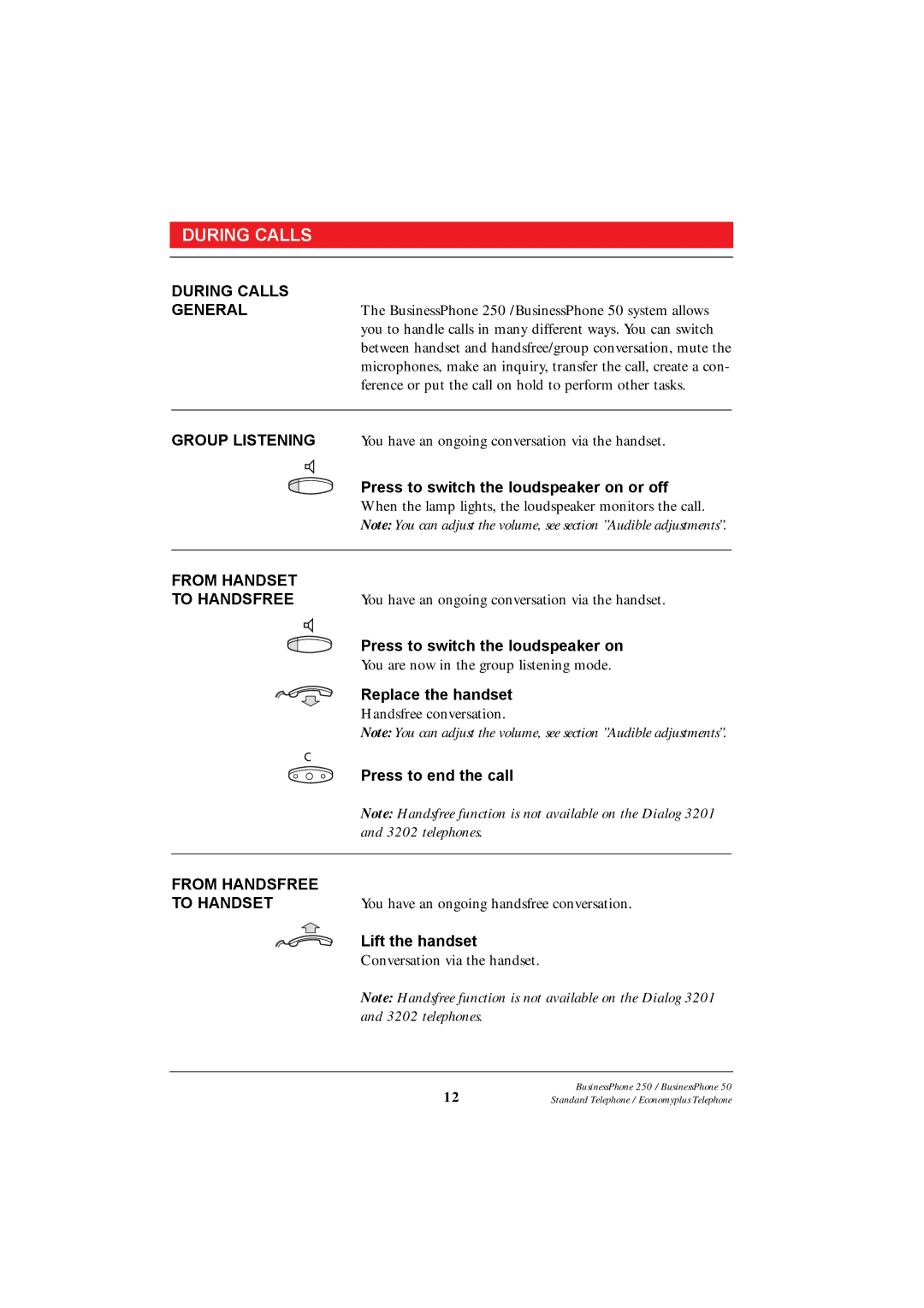 Ericsson 250 manual During Calls General, Group Listening, From Handset To Handsfree, From Handsfree To Handset 