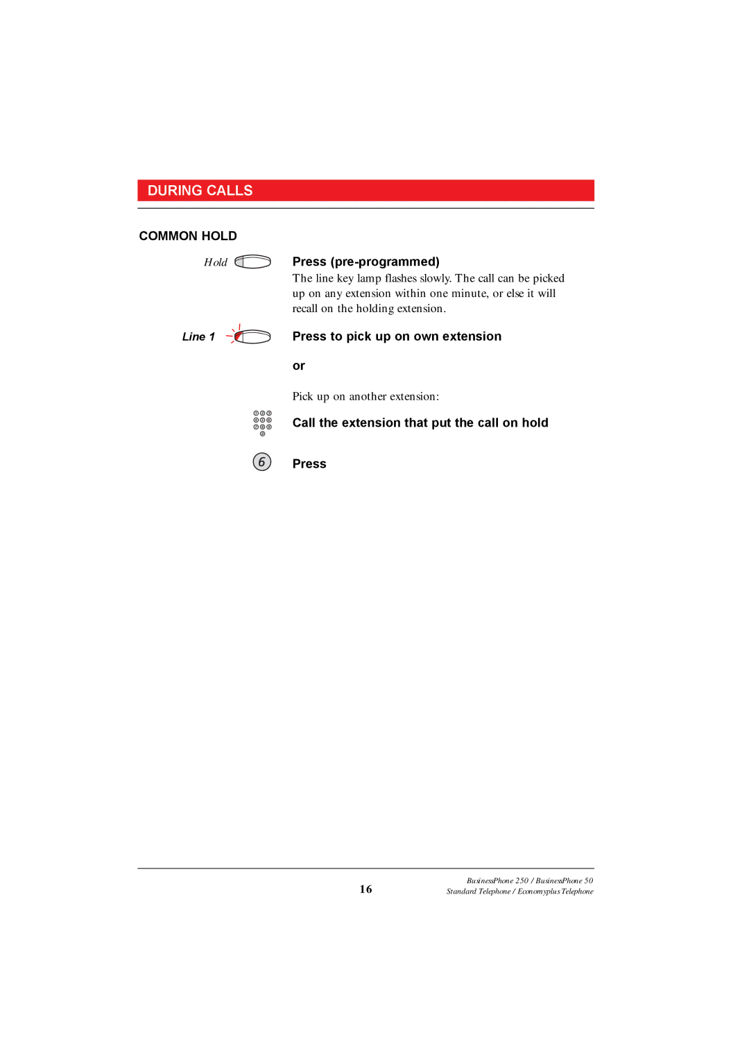 Ericsson 250 manual Common Hold, Press pre-programmed, Press to pick up on own extension 