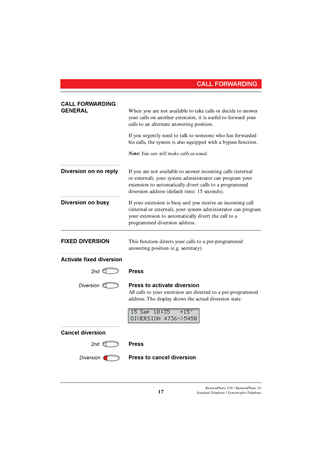 Ericsson 250 manual Call Forwarding, Press to cancel diversion 