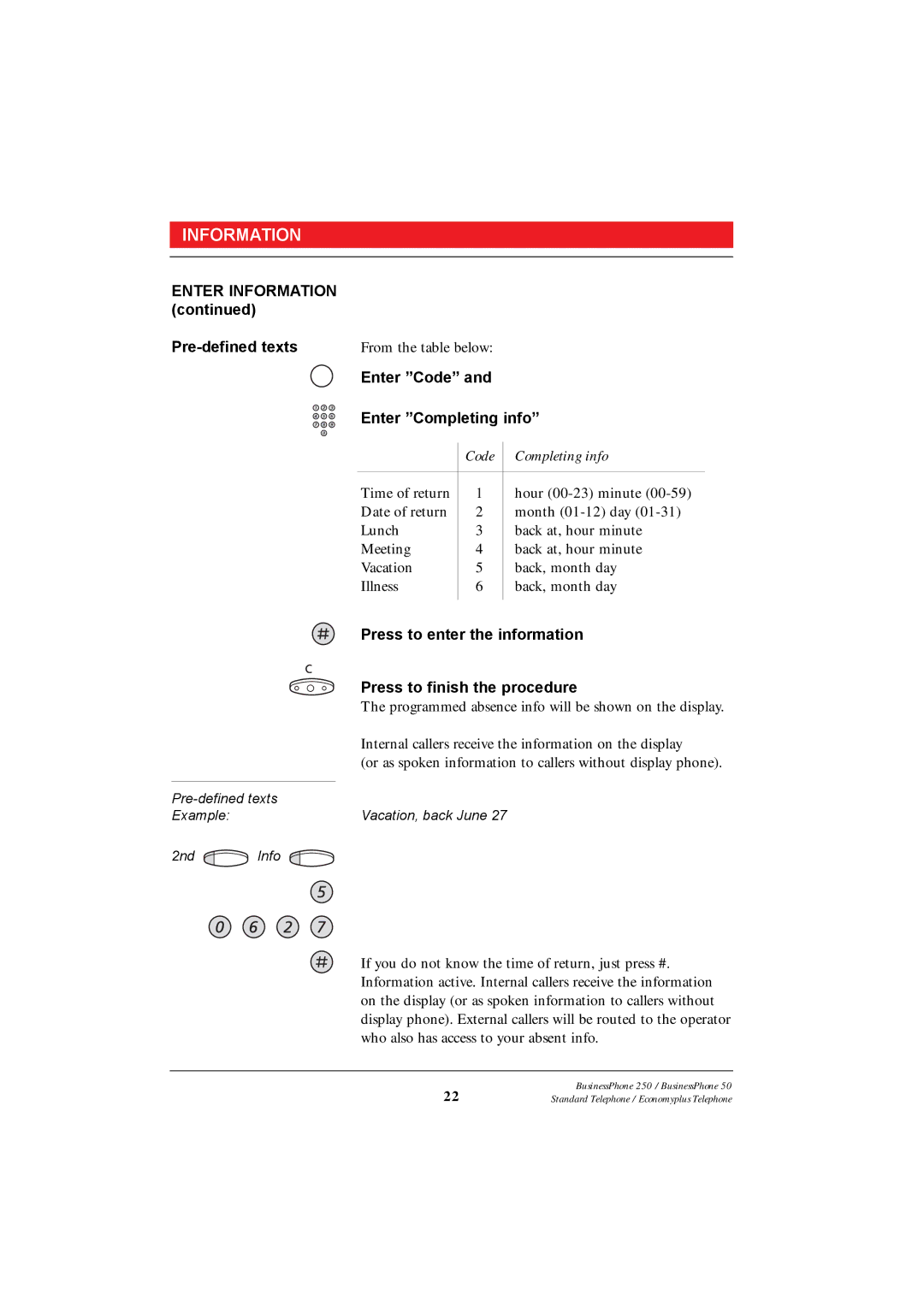 Ericsson 250 Enter Information Pre-defined texts, Enter ÓCodeÓ Enter ÓCompleting infoÓ, Press to enter the information 