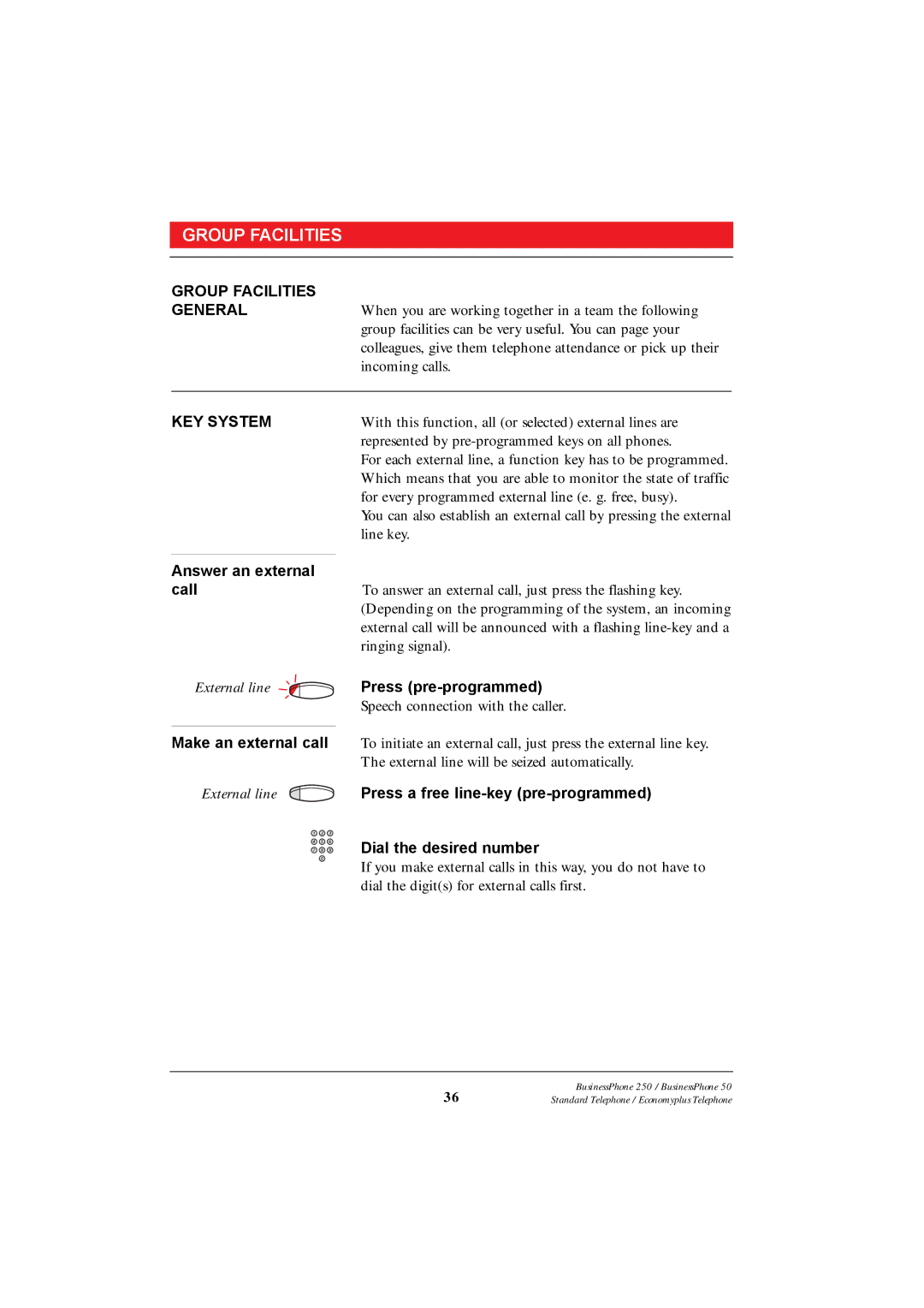 Ericsson 250 manual Group Facilities General, KEY System 