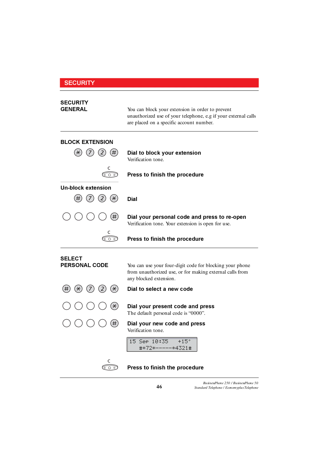 Ericsson 250 manual Security, Block Extension, Select 