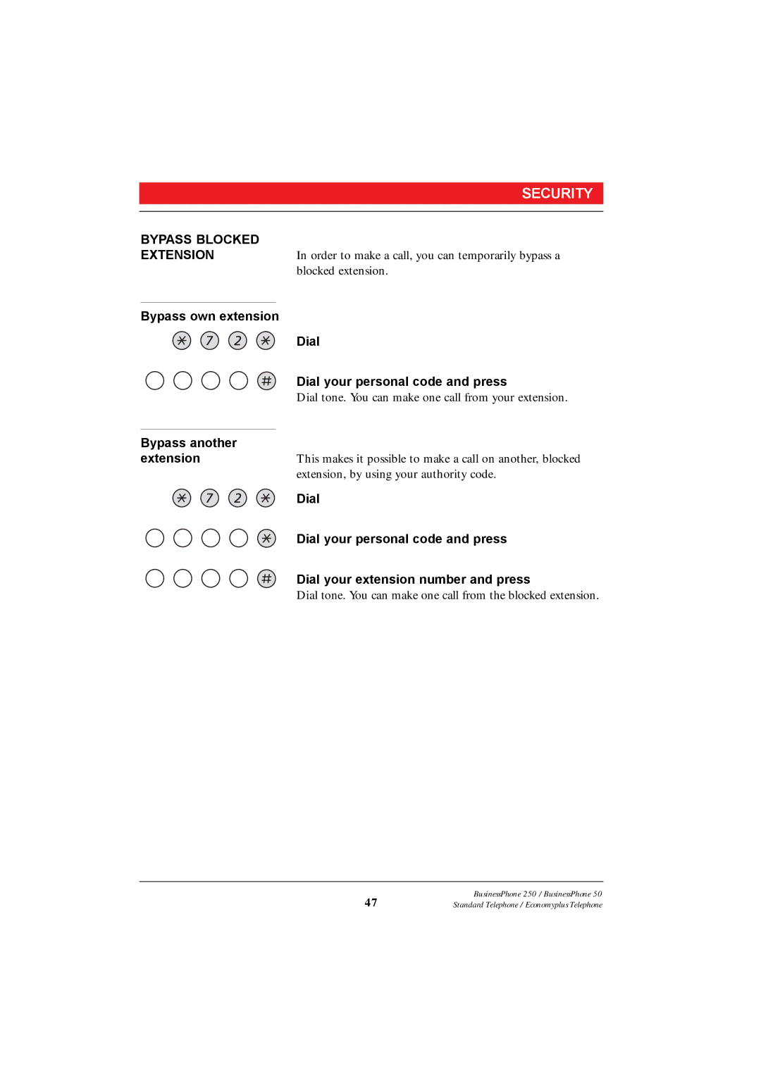 Ericsson 250 manual Bypass Blocked, Bypass own extension Dial Dial your personal code and press, Bypass another 
