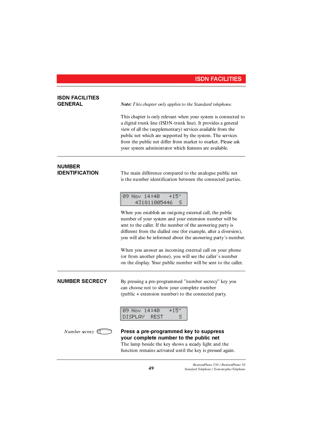 Ericsson 250 manual Isdn Facilities General, Number Identification, Number Secrecy 