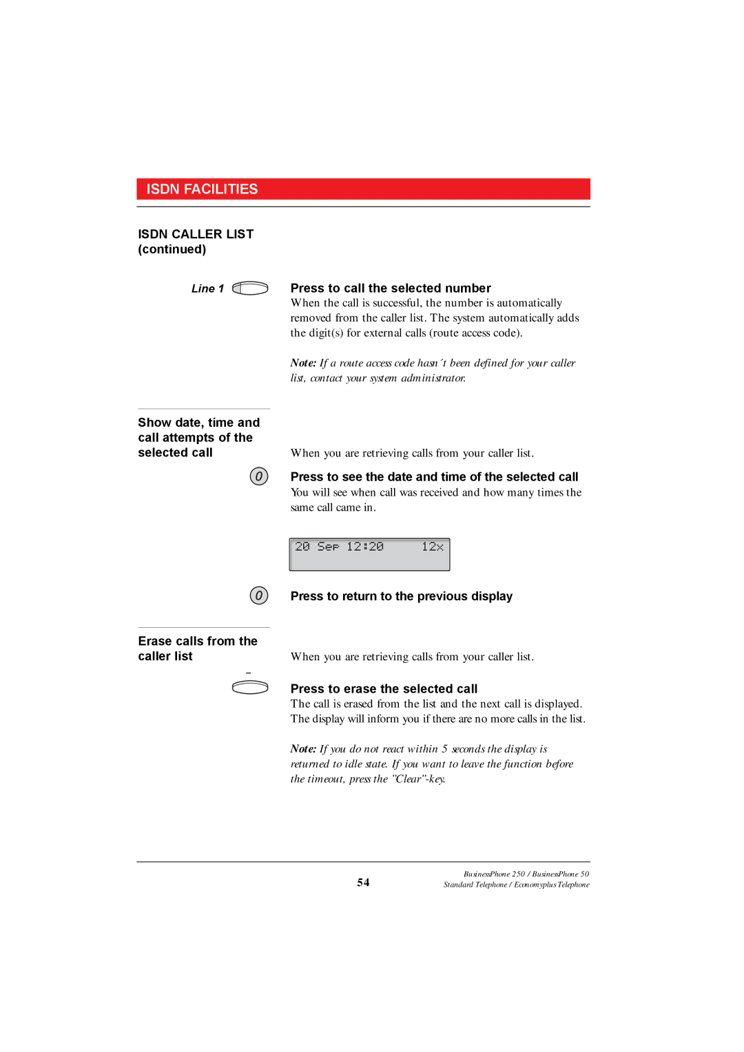 Ericsson 250 manual Isdn Caller List, Press to return to the previous display, Erase calls from Caller list 