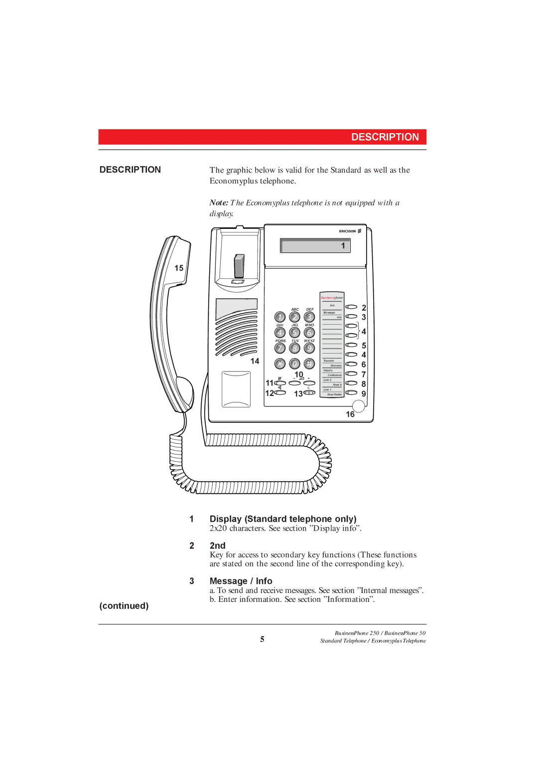 Ericsson 250 manual Description, Display Standard telephone only, 2nd, Message / Info 