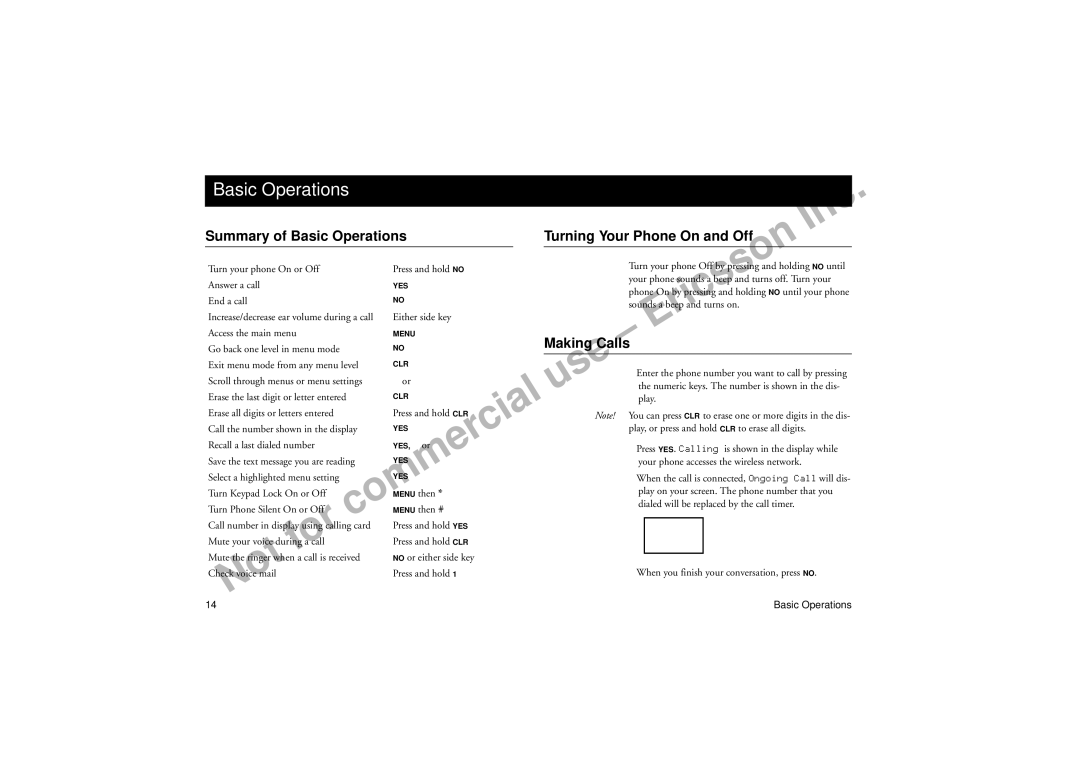 Ericsson A1228d manual Summary of Basic Operations Turning Your Phone On and Off, Making Calls 