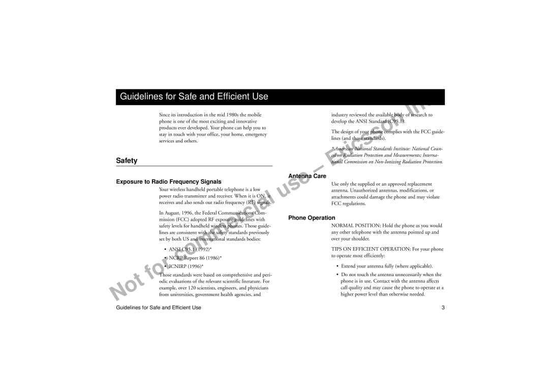 Ericsson A1228d manual Guidelines for Safe and Efficient Use, Safety, Antenna Care Exposure to Radio Frequency Signals 