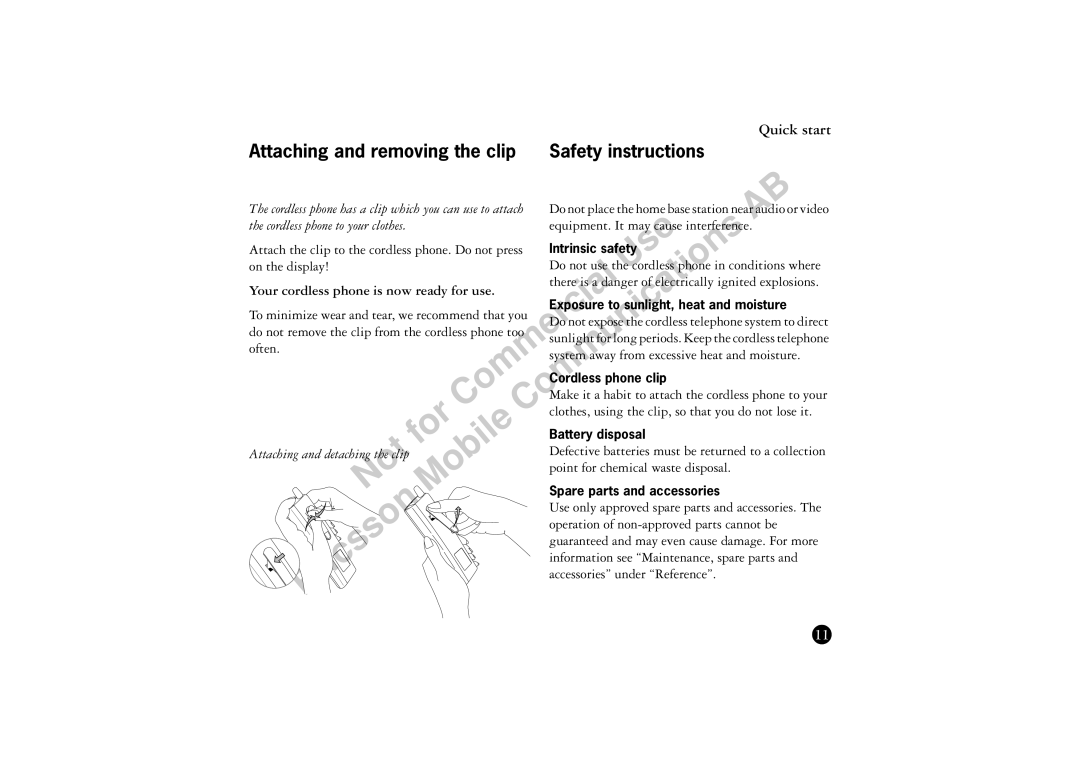 Ericsson BS120 manual ECommun, Attaching and removing the clip Safety instructions, Attaching and detaching the clip 