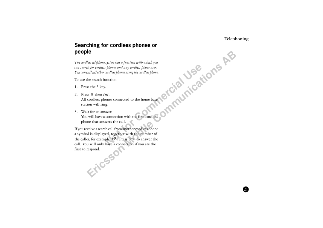 Ericsson BS120 manual Searching for cordless phones or people 