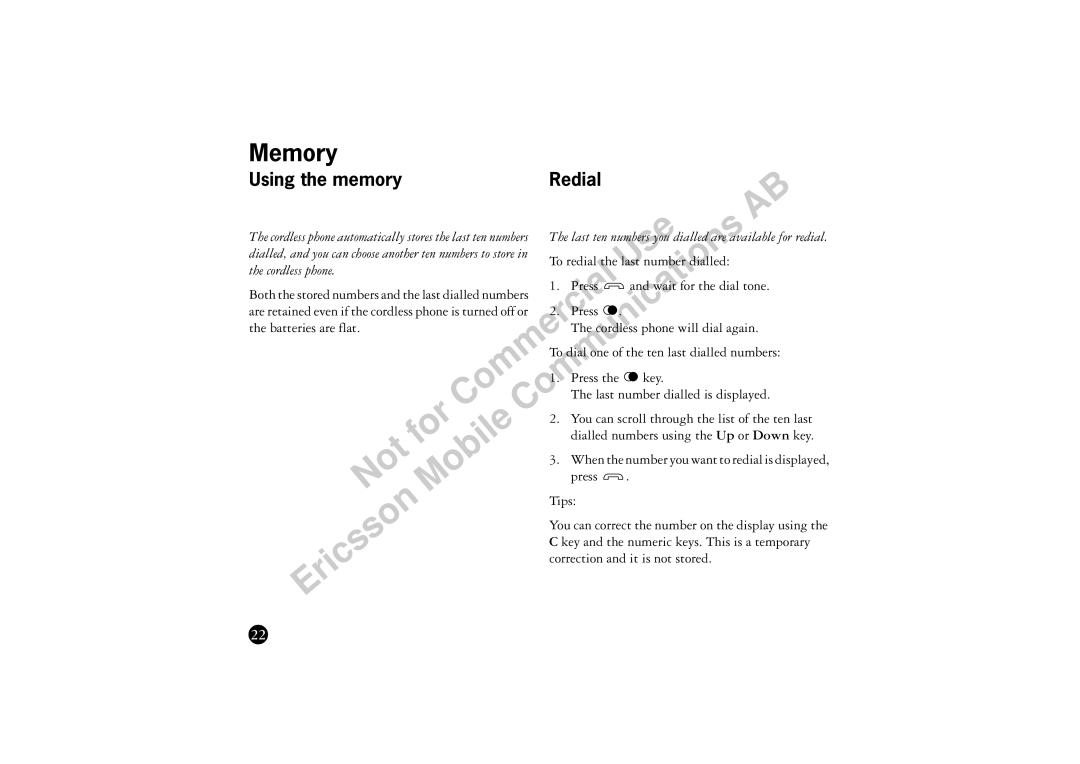 Ericsson BS120 manual Using the memory Redial, Cordless phone 