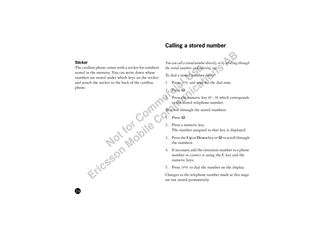 Ericsson BS120 manual Calling a stored number 