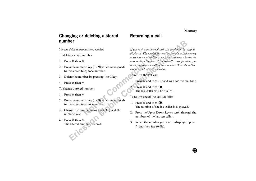 Ericsson BS120 manual Returning a call 