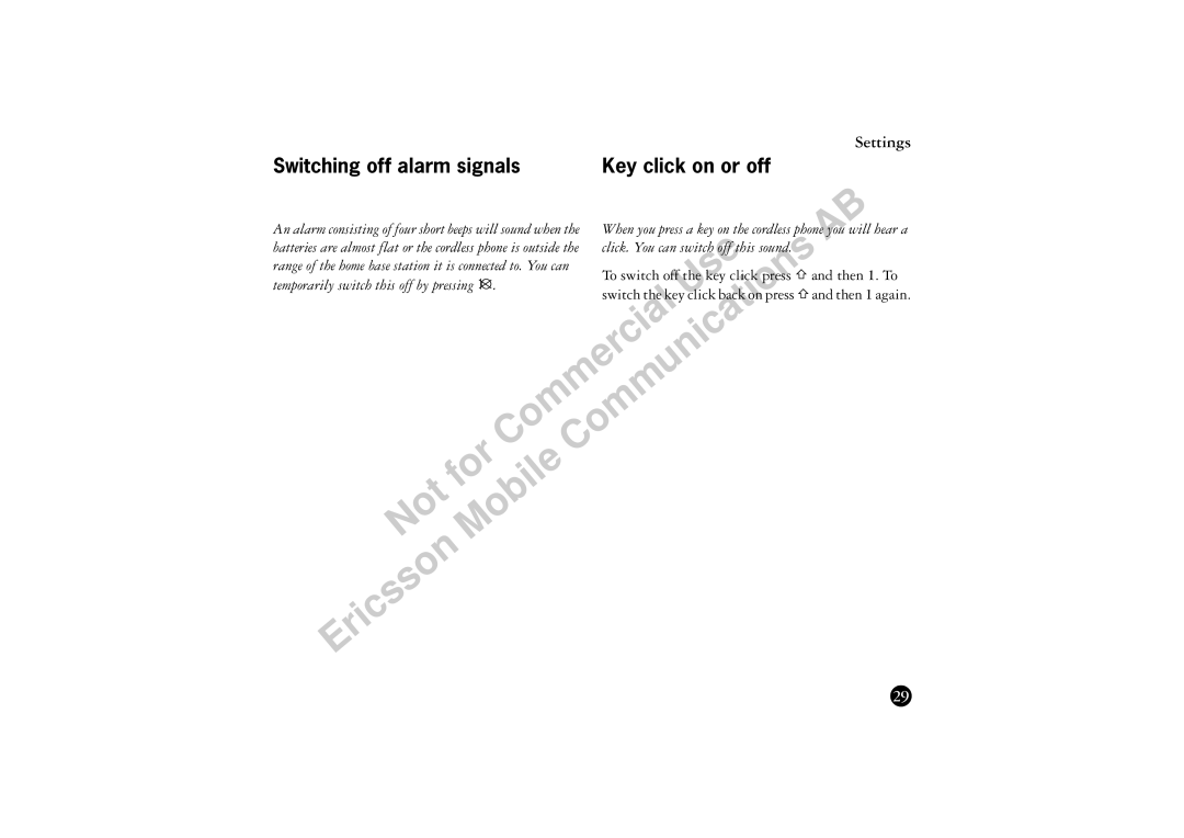 Ericsson BS120 manual ECommun Not Mo Icsso, Switching off alarm signals Key click on or off 