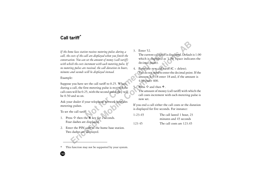 Ericsson BS120 manual Decimal point, Enter the new call tariff C = delete, Be 0.50 and so on, Now set, Metering pulses 