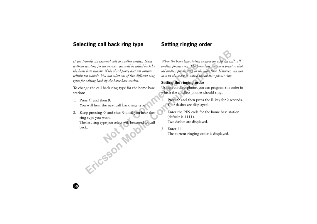 Ericsson BS120 manual Selecting call back ring type Setting ringing order, Back Enter, Current ringing order is displayed 