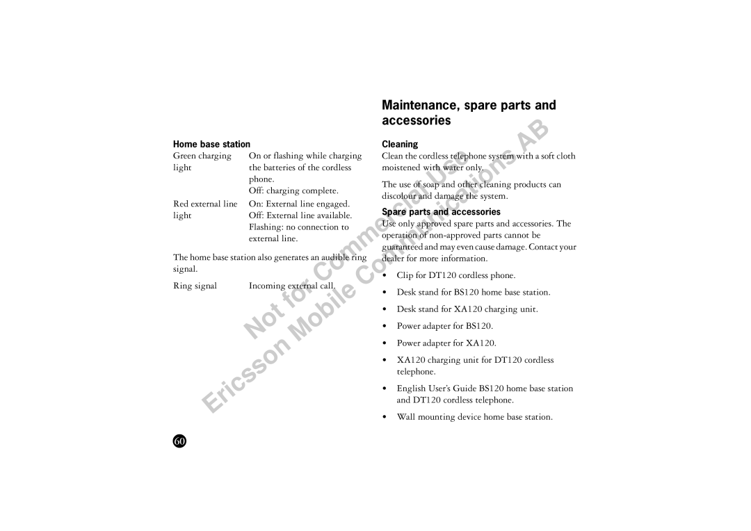 Ericsson manual Maintenance, spare parts, Power adapter for BS120, Power adapter for XA120 