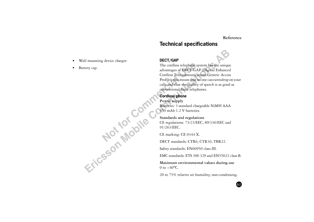 Ericsson BS120 manual Technical specifications 