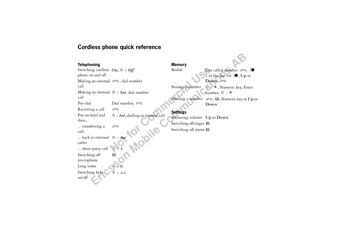 Ericsson BS120 manual Cordless phone quick reference 