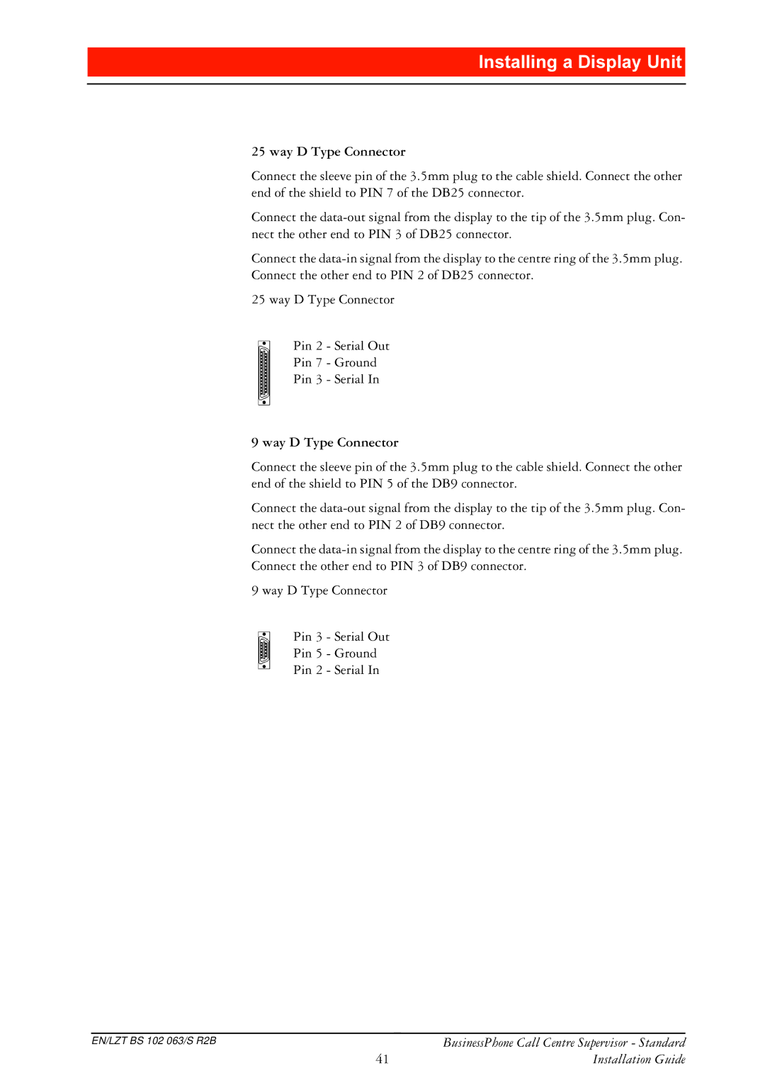 Ericsson BusinessPhone manual QVWDOOLQJDLVSOD\8QLW, Way D Type Connector 