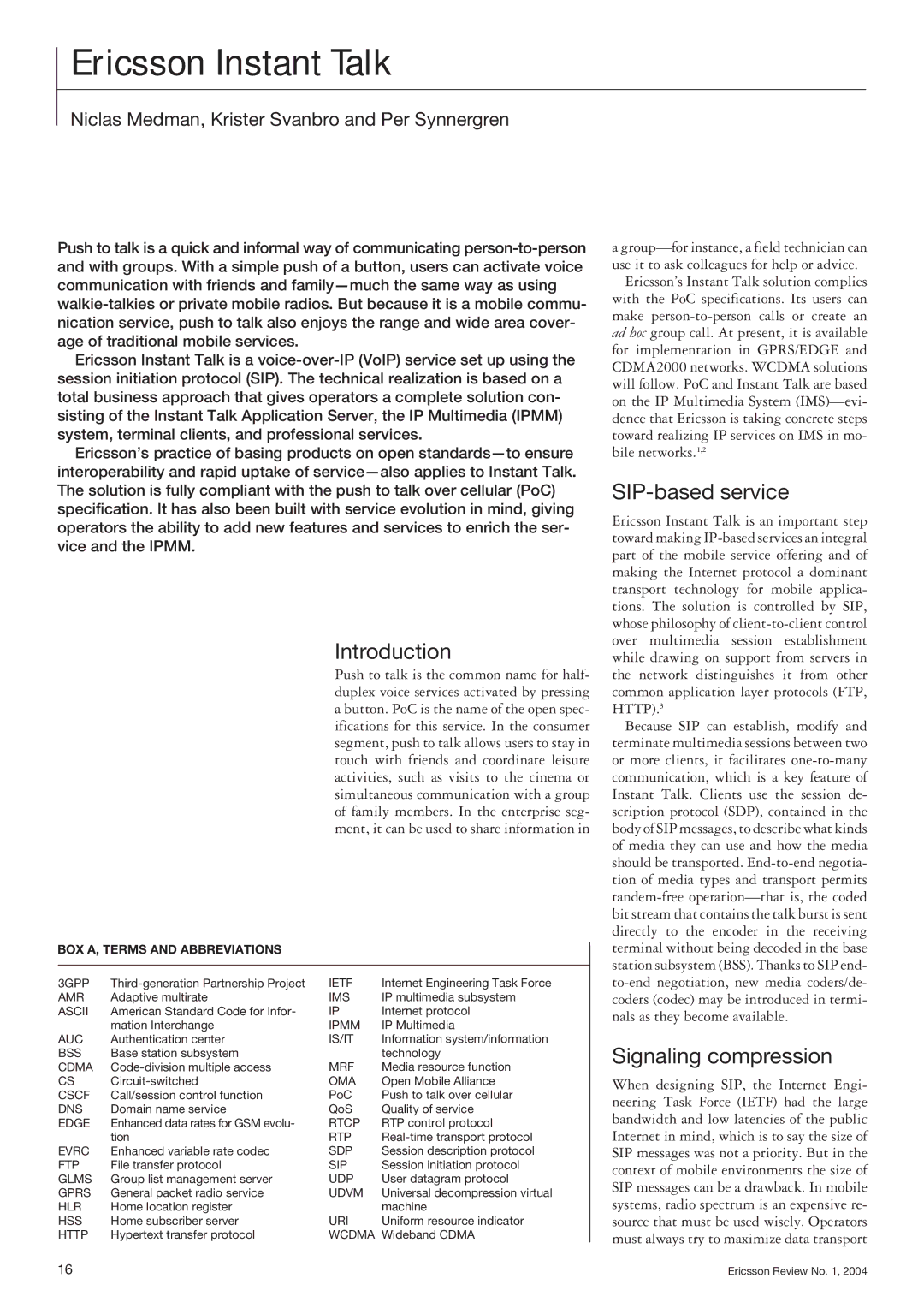 Ericsson CDMA2000 specifications Introduction, SIP-based service, Signaling compression, BOX A, Terms and Abbreviations 