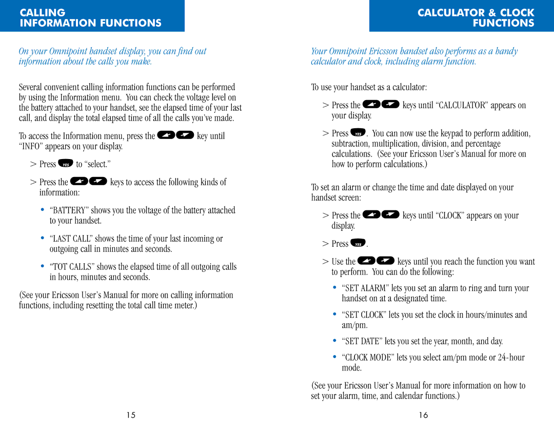 Ericsson CH388, CF388 manual Calling Information Functions, Calculator & Clock Functions 