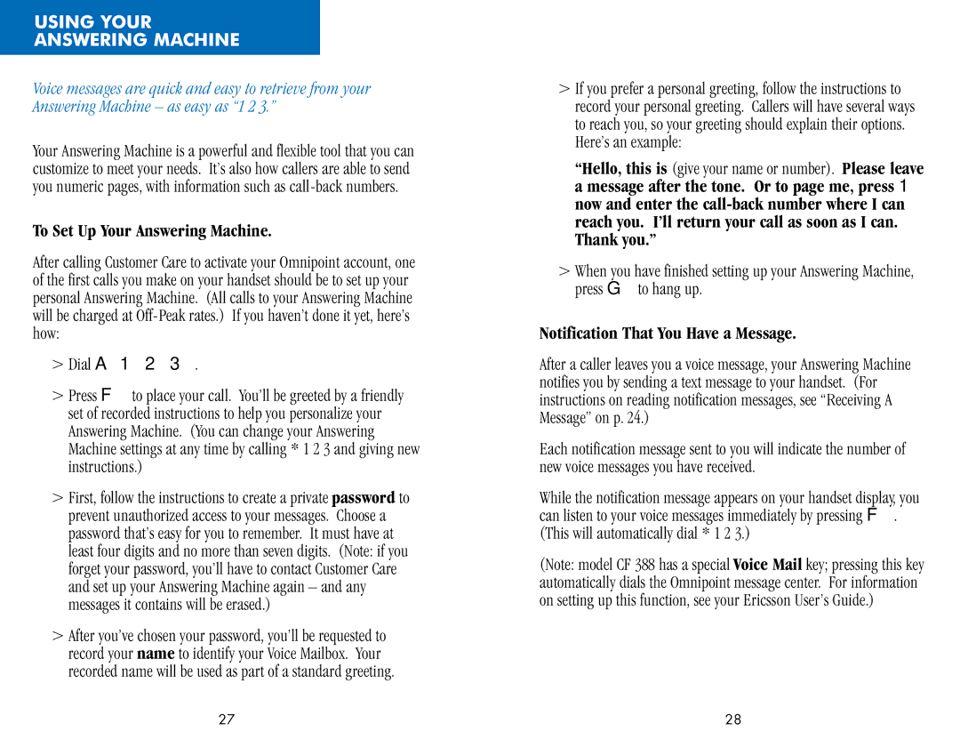 Ericsson CH388, CF388 manual Using Your Answering Machine, To Set Up Your Answering Machine, Dial A123 