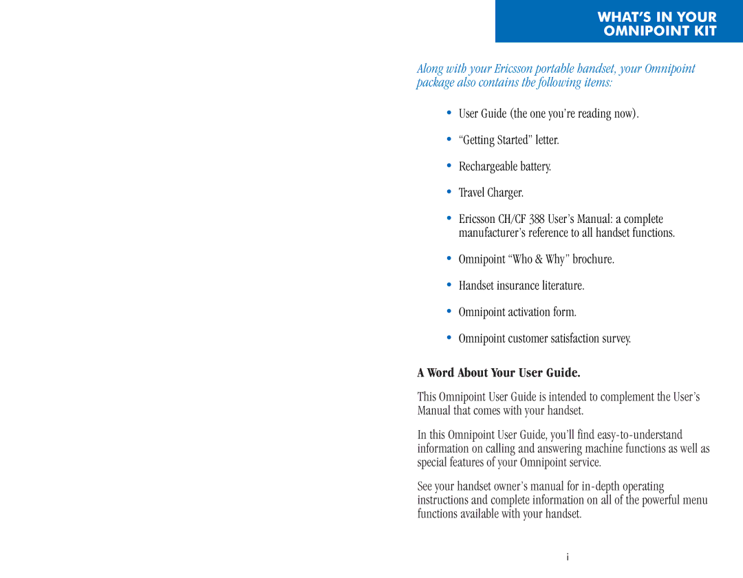 Ericsson CF388, CH388 manual WHAT’S in Your Omnipoint KIT, Word About Your User Guide 