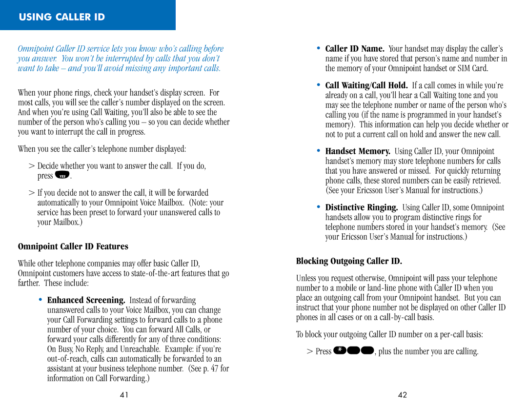 Ericsson CF388, CH388 manual Using Caller ID, Omnipoint Caller ID Features, Blocking Outgoing Caller ID 