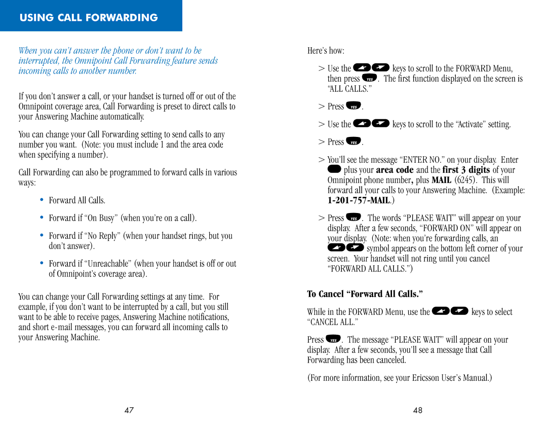 Ericsson CH388, CF388 manual Using Call Forwarding, To Cancel Forward All Calls 