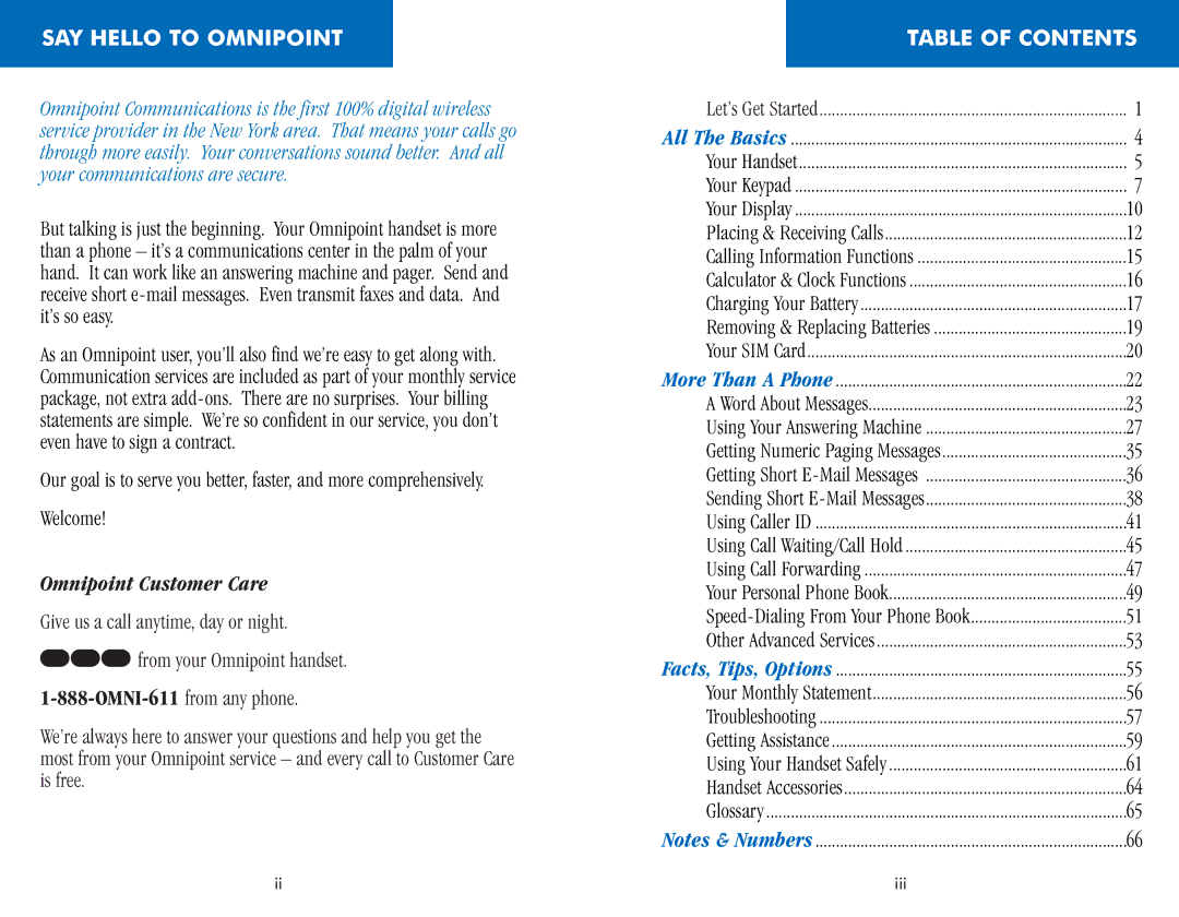 Ericsson CH388, CF388 manual SAY Hello to Omnipoint, Table of Contents 