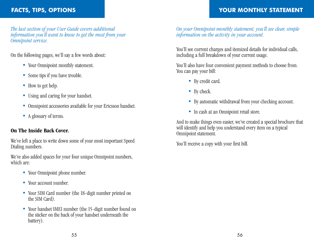 Ericsson CH388, CF388 manual FACTS, TIPS, Options, On The Inside Back Cover, Your Monthly Statement 