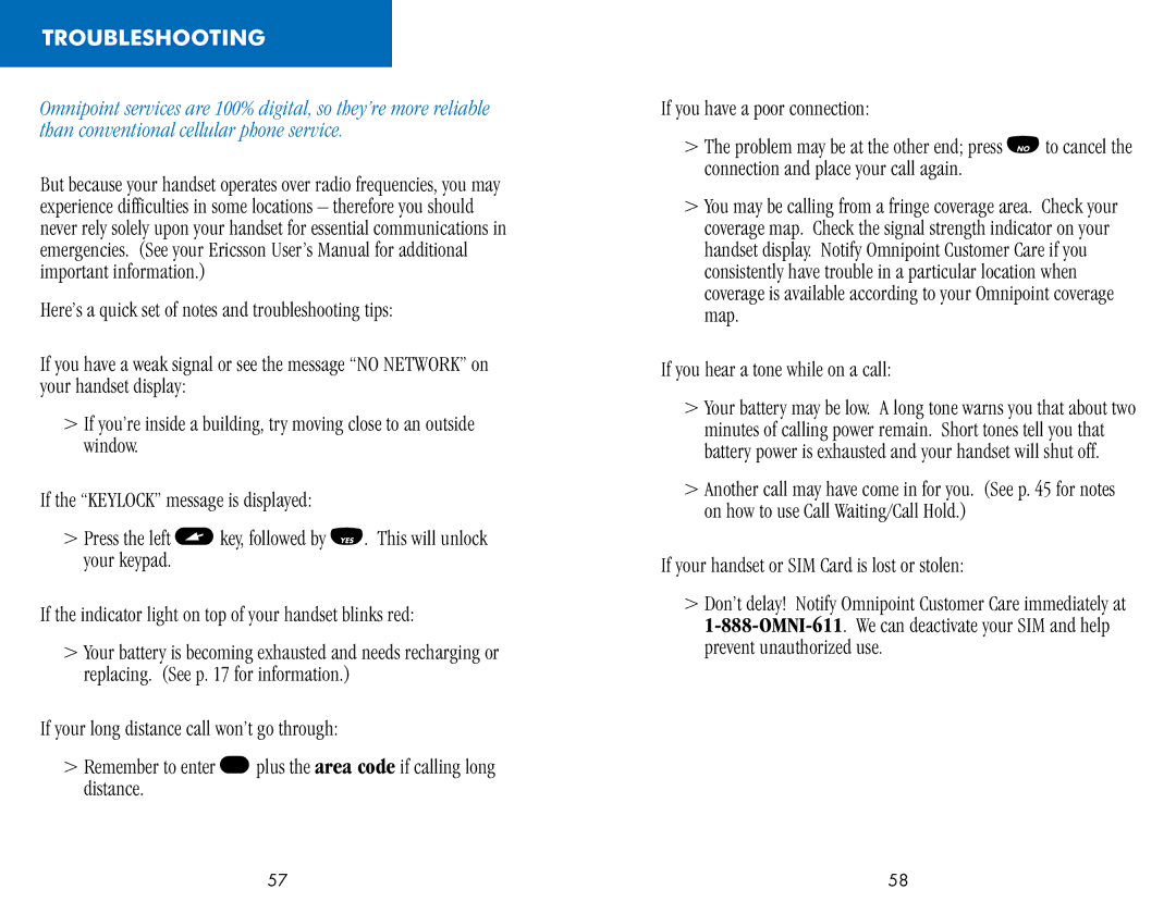 Ericsson CF388, CH388 Troubleshooting, If you hear a tone while on a call, If your handset or SIM Card is lost or stolen 