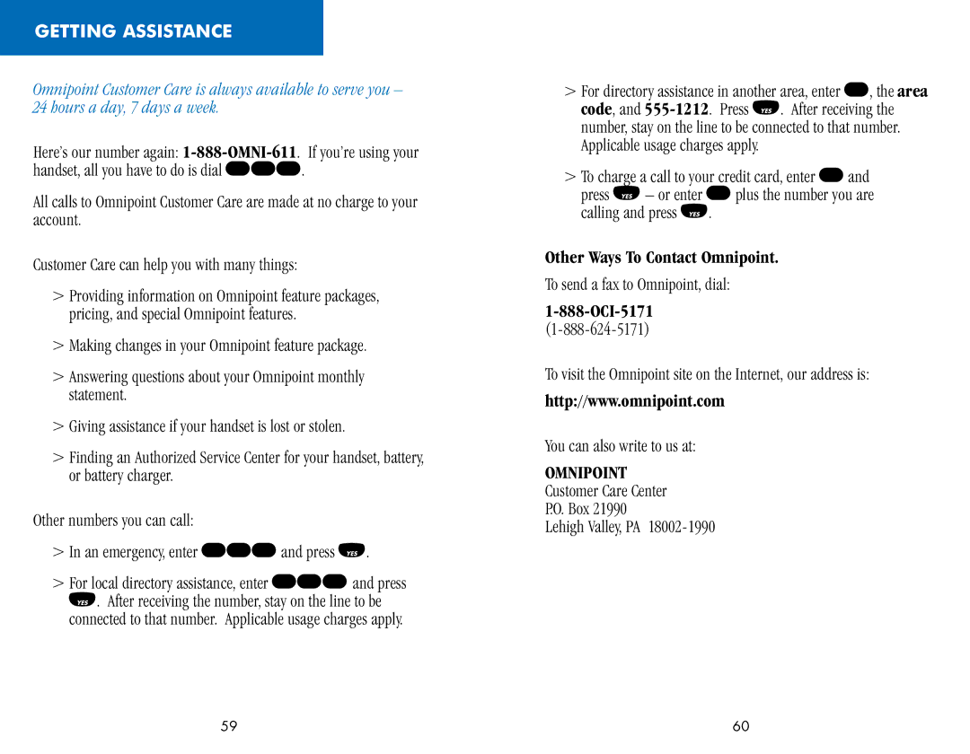 Ericsson CH388, CF388 manual Getting Assistance, Other Ways To Contact Omnipoint, To send a fax to Omnipoint, dial 