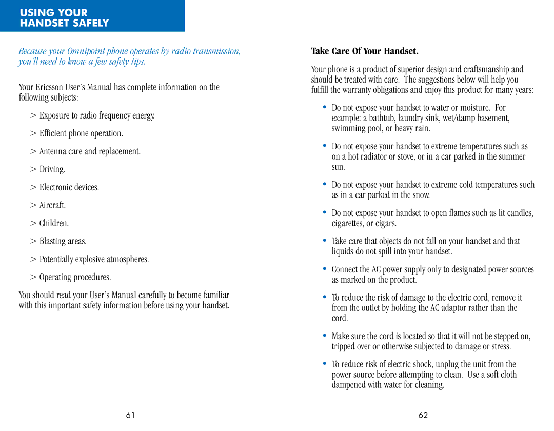 Ericsson CF388, CH388 manual Using Your Handset Safely, Take Care Of Your Handset 