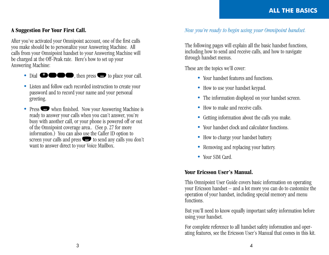 Ericsson CH388, CF388 manual Suggestion For Your First Call, ALL the Basics, Your Ericsson User’s Manual 