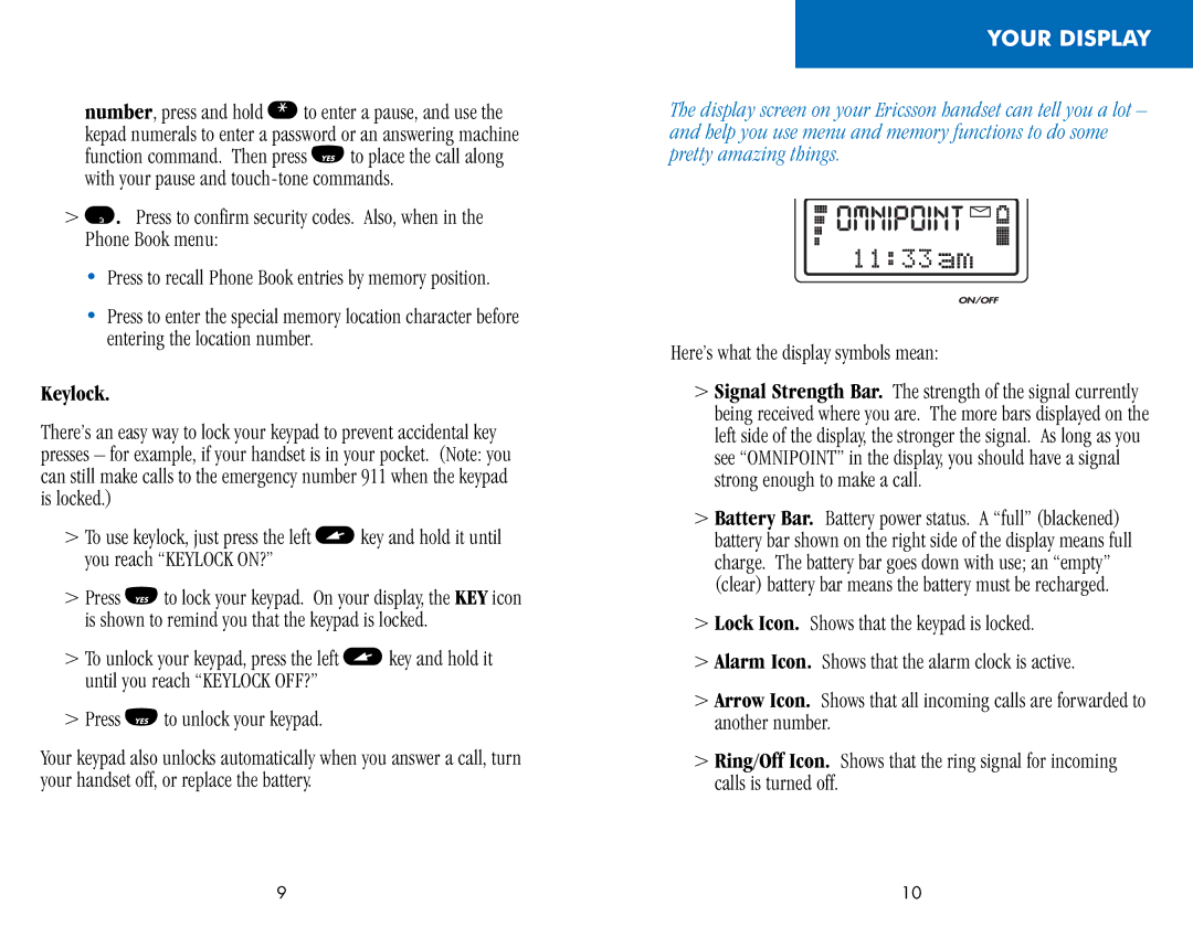 Ericsson CF388, CH388 manual Keylock, Press Fto unlock your keypad, Your Display, Here’s what the display symbols mean 