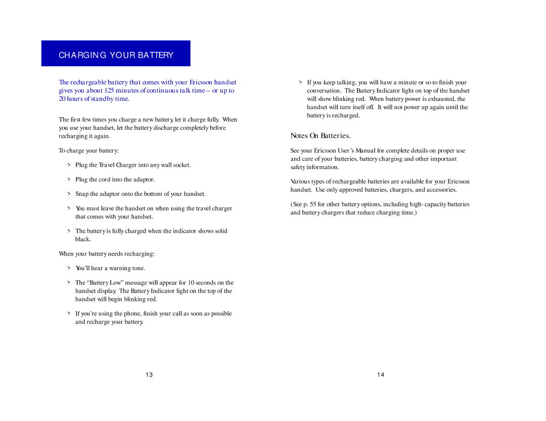 Ericsson CH337, CF337 manual Charging Your Battery 