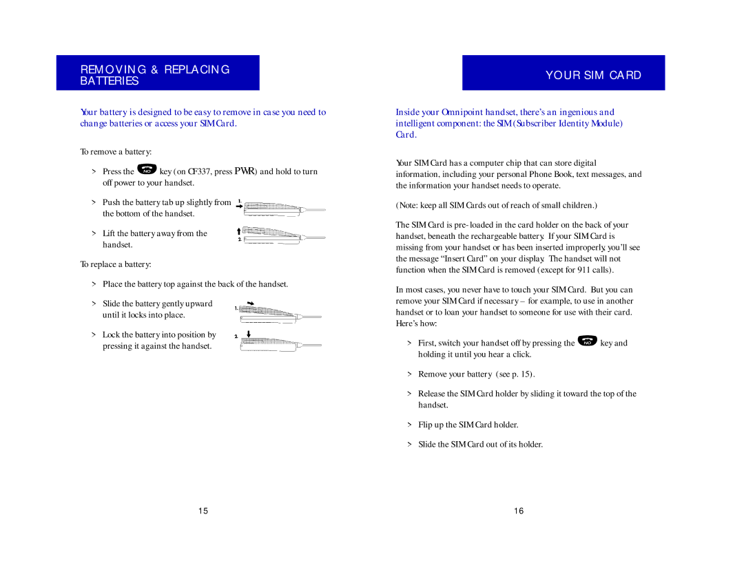 Ericsson CF337, CH337 manual Removing & Replacing Batteries, Your SIM Card 