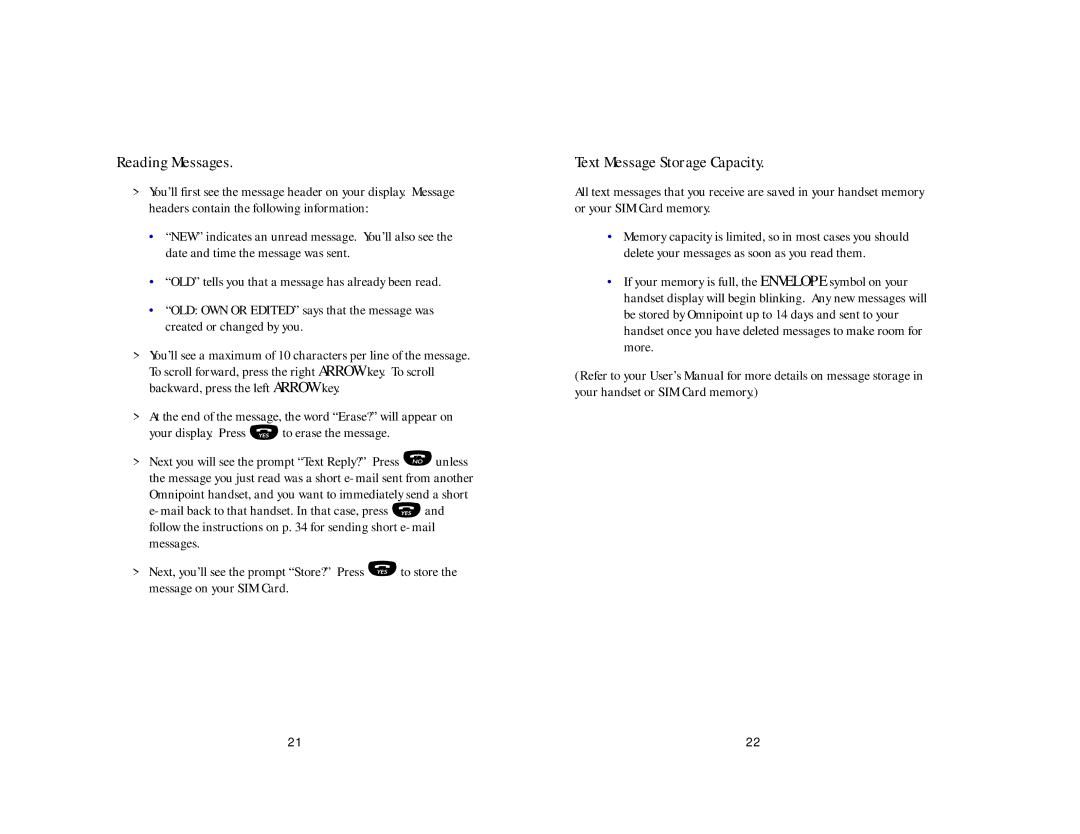 Ericsson CH337, CF337 manual Reading Messages, Text Message Storage Capacity 