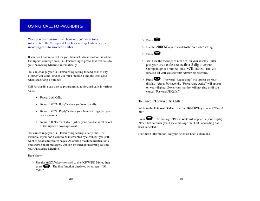 Ericsson CF337, CH337 manual Using Call Forwarding, To Cancel Forward All Calls 