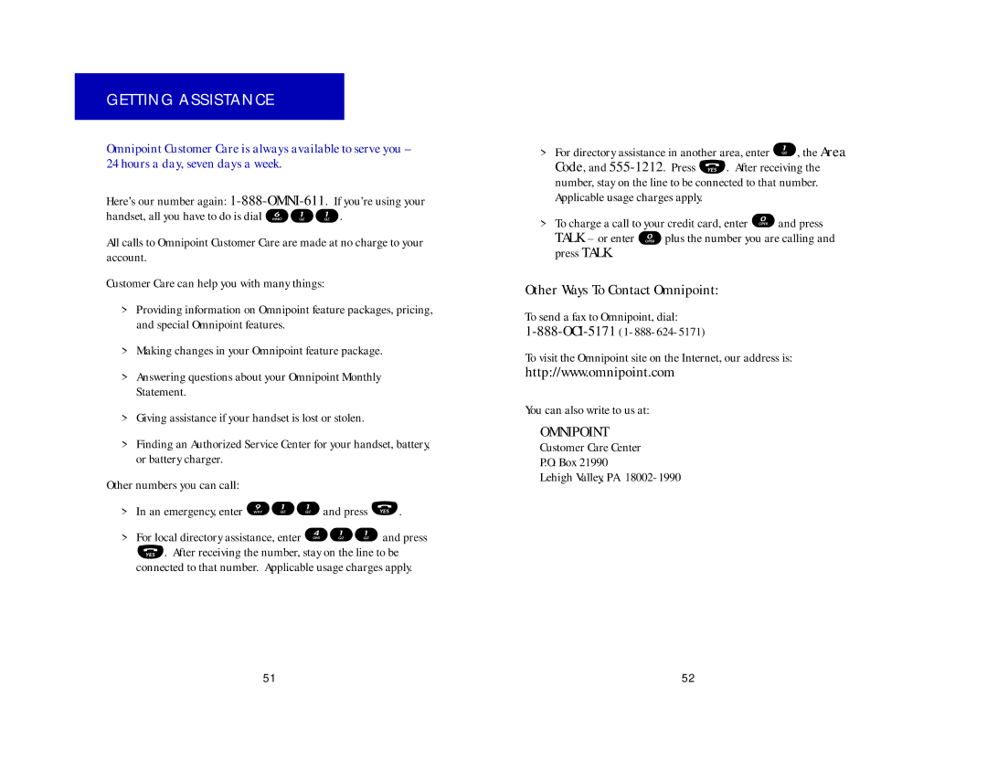 Ericsson CF337, CH337 manual Getting Assistance, Other Ways To Contact Omnipoint, Customer Care Center Box Lehigh Valley, PA 