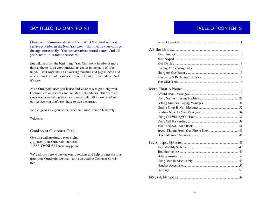 Ericsson CF337, CH337 manual SAY Hello to Omnipoint, Table of Contents 