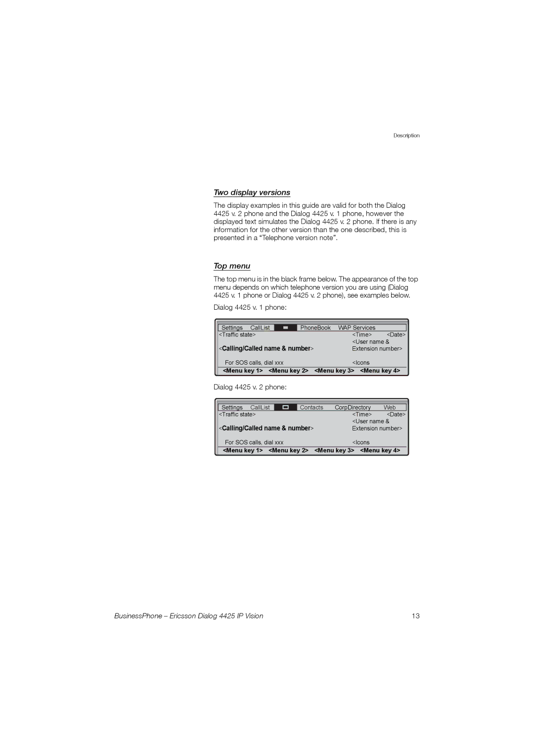 Ericsson Dialog 4425 manual Two display versions, Top menu 