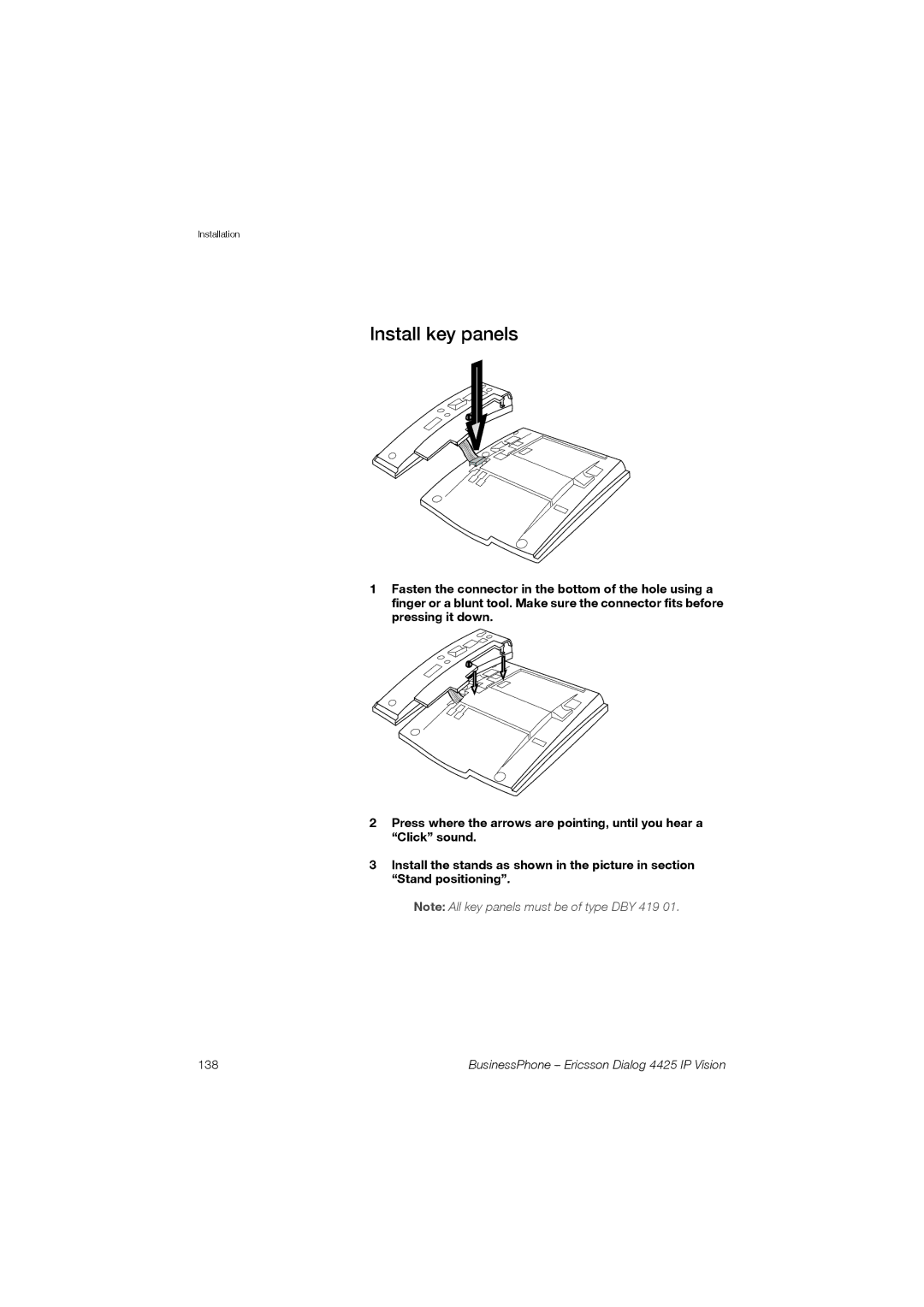 Ericsson Dialog 4425 manual Install key panels 