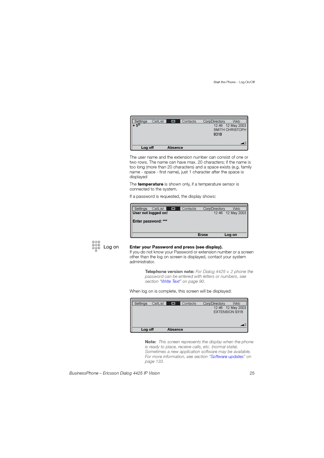 Ericsson Dialog 4425 manual Log on 