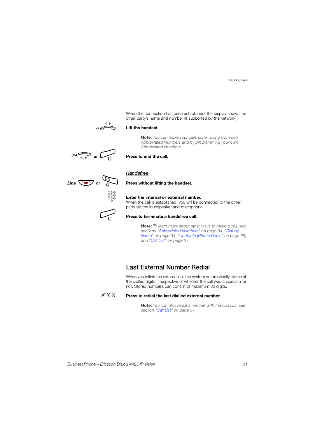 Ericsson Dialog 4425 manual Last External Number Redial, Or í, Lift the handset Press to end the call 